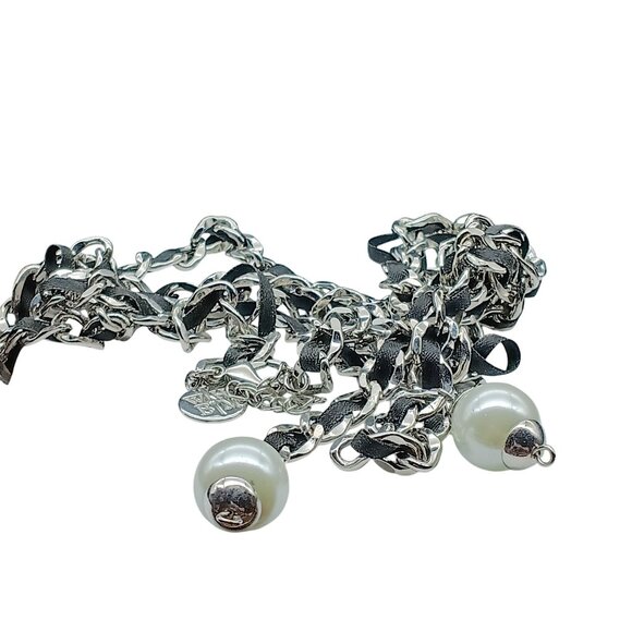 Vintage Classic White House Black Market Faux Pearl & Chain Lariat Necklace Silv - Picture 2 of 2